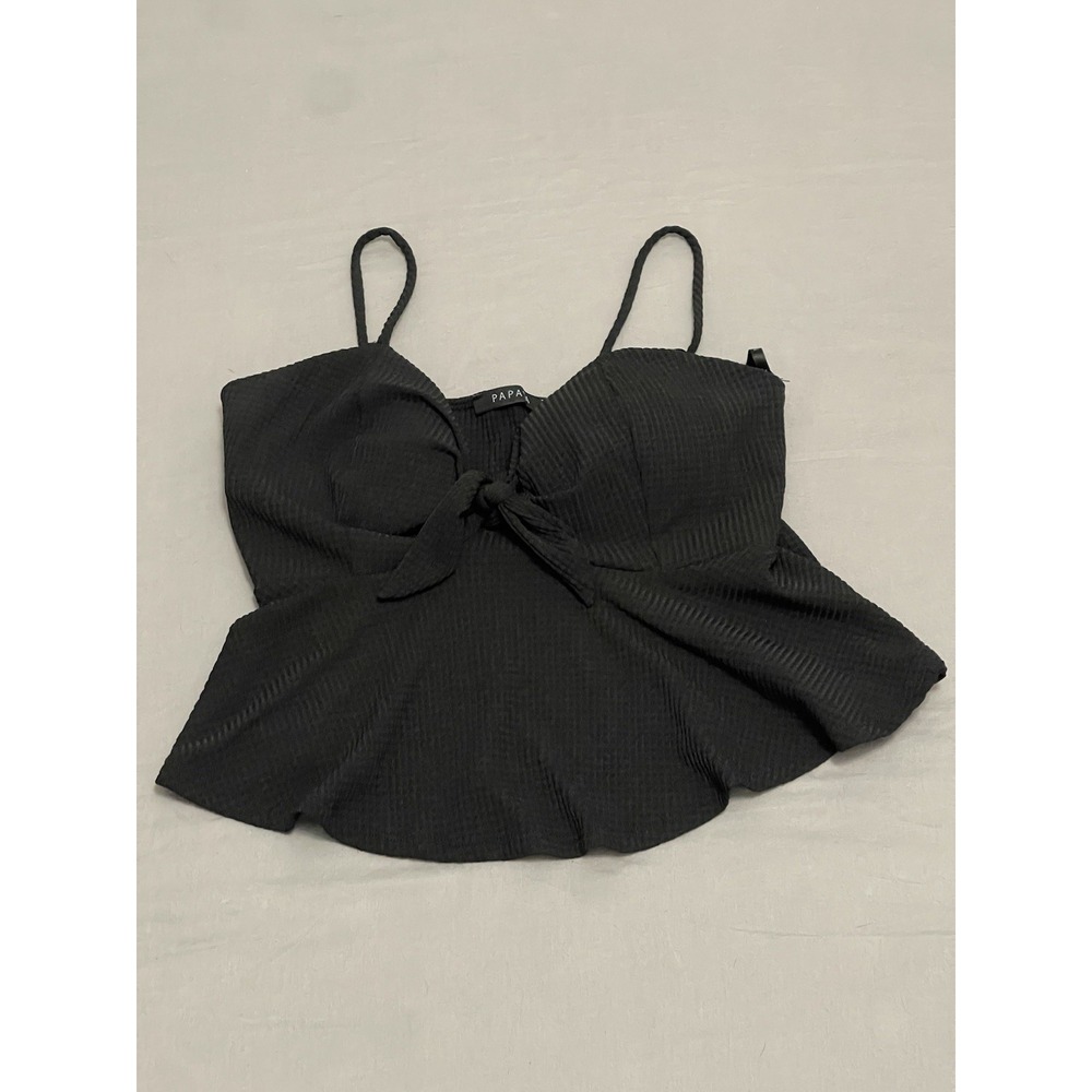 Papaya Women Black Peplum Camisole Top Tie Front Sweetheart Waffle Knit L T51918